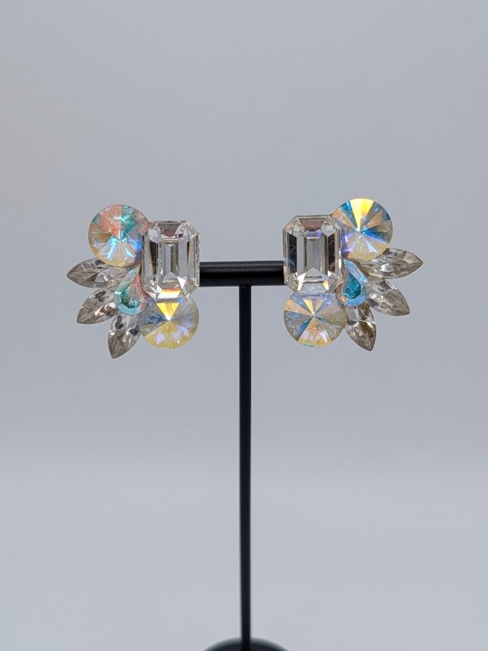 Vintage 1950s Aurora Borealis Rhinestone Cocktail Wing Clip On Earrings Glam MCM